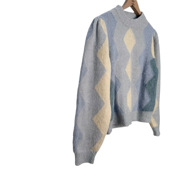 J. CREW Diamond Checked Argyle Cropped Crewneck Sweater Blue Cream Size Small - Picture 5 of 9